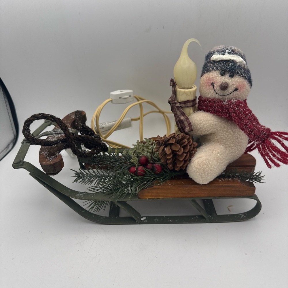 VTG Snowman Riding A Wooden Sleigh W/ Metal Runners Lighted Christmas Decor